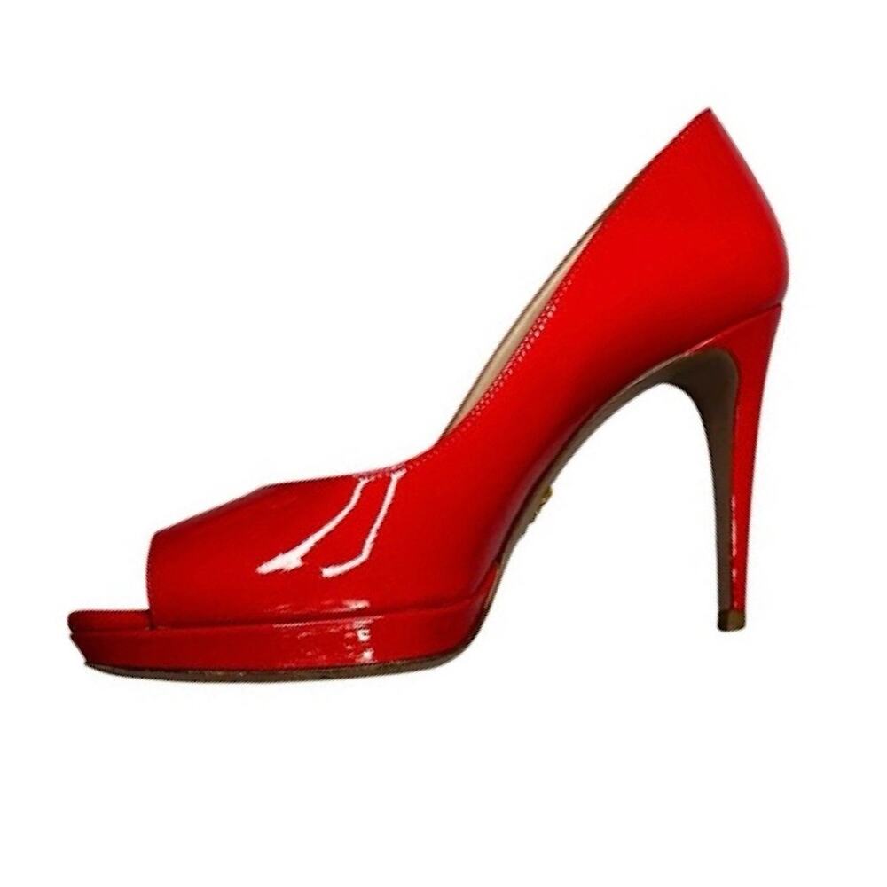 Prada Peep Toe Platform Pumps Red Patent Leather High Stiletto